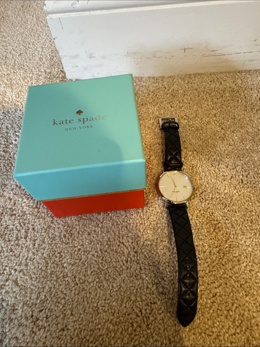 kate spade Black Quilted Leather Strap Round Dial Watch